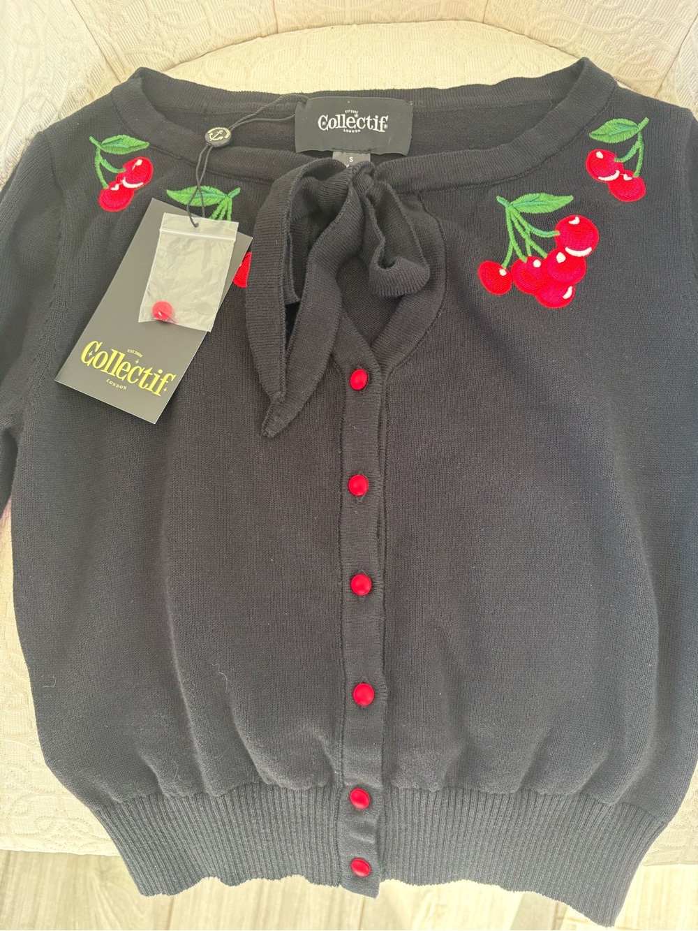 Collectif Black Cherry Embroidered Tie-Neck Cardigan
